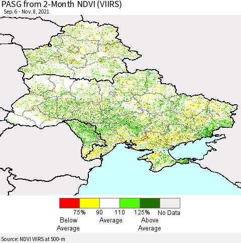 Ukraine, Moldova and Belarus PASG from 2-Month NDVI (VIIRS) Thematic Map For 11/1/2021 - 11/8/2021
