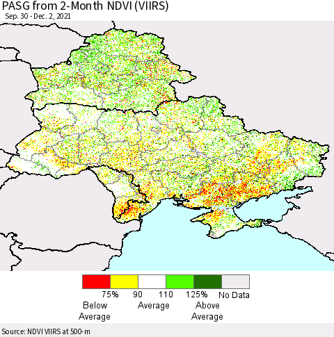 Ukraine, Moldova and Belarus PASG from 2-Month NDVI (VIIRS) Thematic Map For 11/25/2021 - 12/2/2021