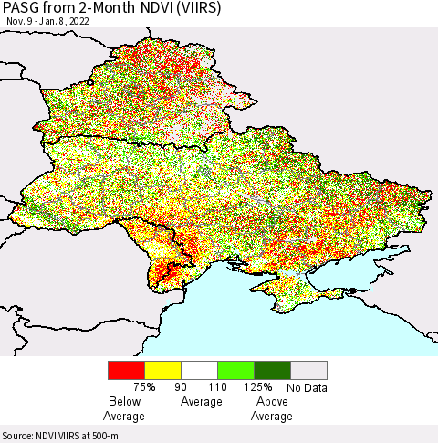 Ukraine, Moldova and Belarus PASG from 2-Month NDVI (VIIRS) Thematic Map For 1/1/2022 - 1/8/2022