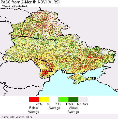 Ukraine, Moldova and Belarus PASG from 2-Month NDVI (VIIRS) Thematic Map For 1/9/2022 - 1/16/2022