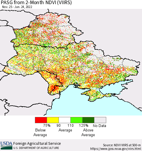 Ukraine, Moldova and Belarus PASG from 2-Month NDVI (VIIRS) Thematic Map For 1/21/2022 - 1/31/2022