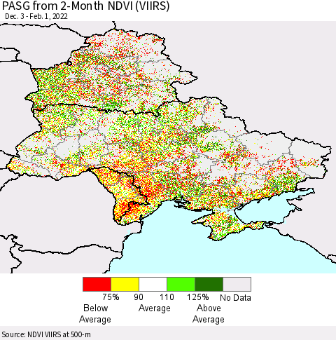 Ukraine, Moldova and Belarus PASG from 2-Month NDVI (VIIRS) Thematic Map For 1/25/2022 - 2/1/2022