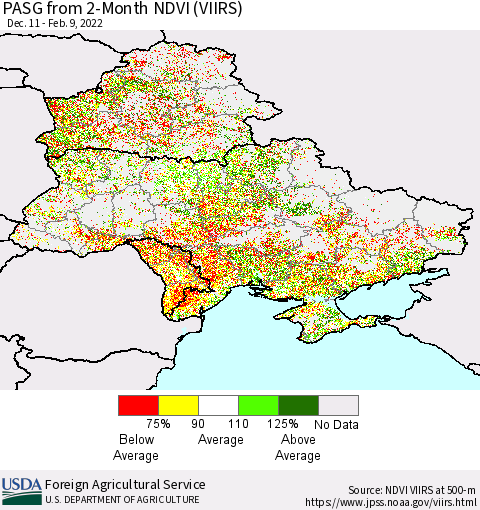 Ukraine, Moldova and Belarus PASG from 2-Month NDVI (VIIRS) Thematic Map For 2/1/2022 - 2/10/2022