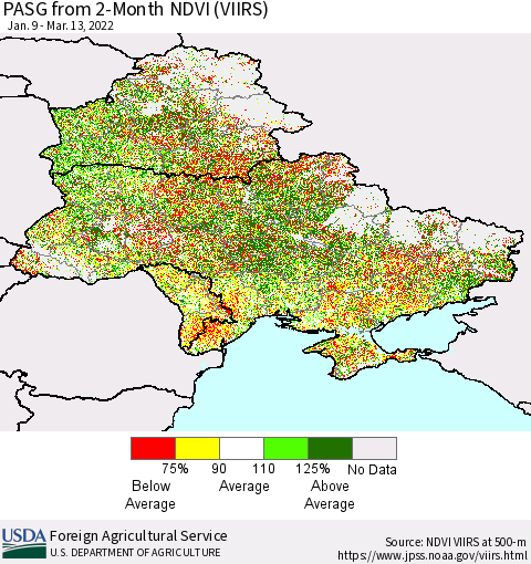 Ukraine, Moldova and Belarus PASG from 2-Month NDVI (VIIRS) Thematic Map For 3/11/2022 - 3/20/2022