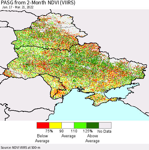 Ukraine, Moldova and Belarus PASG from 2-Month NDVI (VIIRS) Thematic Map For 3/14/2022 - 3/21/2022