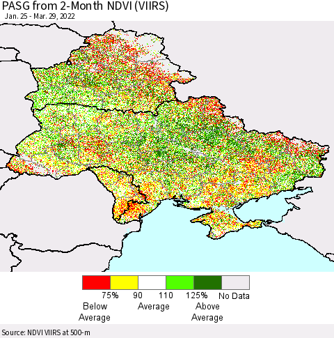 Ukraine, Moldova and Belarus PASG from 2-Month NDVI (VIIRS) Thematic Map For 3/22/2022 - 3/29/2022