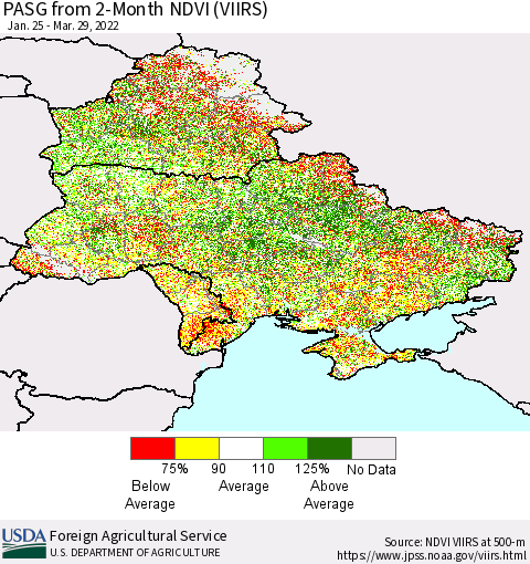 Ukraine, Moldova and Belarus PASG from 2-Month NDVI (VIIRS) Thematic Map For 3/21/2022 - 3/31/2022