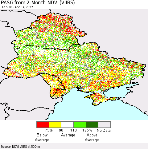Ukraine, Moldova and Belarus PASG from 2-Month NDVI (VIIRS) Thematic Map For 4/7/2022 - 4/14/2022