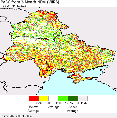 Ukraine, Moldova and Belarus PASG from 2-Month NDVI (VIIRS) Thematic Map For 4/21/2022 - 4/30/2022