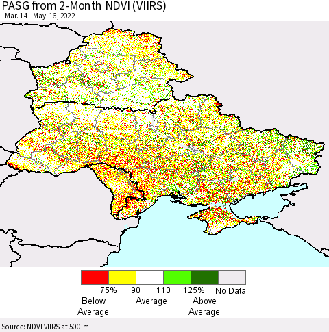 Ukraine, Moldova and Belarus PASG from 2-Month NDVI (VIIRS) Thematic Map For 5/9/2022 - 5/16/2022