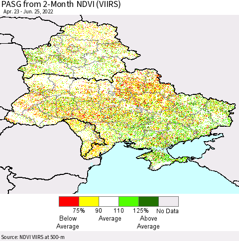 Ukraine, Moldova and Belarus PASG from 2-Month NDVI (VIIRS) Thematic Map For 6/18/2022 - 6/25/2022