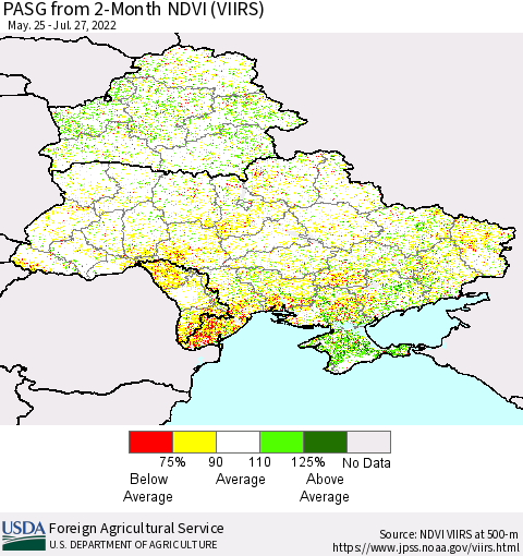 Ukraine, Moldova and Belarus PASG from 2-Month NDVI (VIIRS) Thematic Map For 7/21/2022 - 7/31/2022