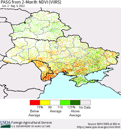 Ukraine, Moldova and Belarus PASG from 2-Month NDVI (VIIRS) Thematic Map For 8/1/2022 - 8/10/2022