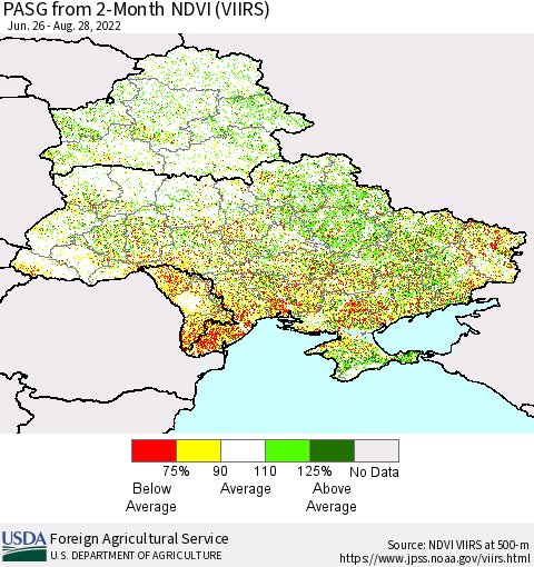 Ukraine, Moldova and Belarus PASG from 2-Month NDVI (VIIRS) Thematic Map For 8/21/2022 - 8/31/2022