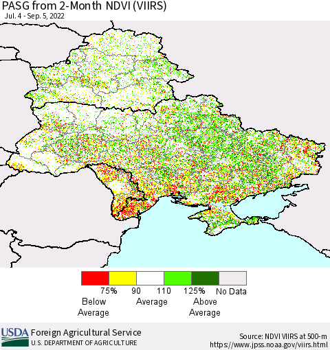 Ukraine, Moldova and Belarus PASG from 2-Month NDVI (VIIRS) Thematic Map For 9/1/2022 - 9/10/2022