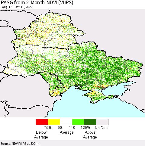 Ukraine, Moldova and Belarus PASG from 2-Month NDVI (VIIRS) Thematic Map For 10/8/2022 - 10/15/2022