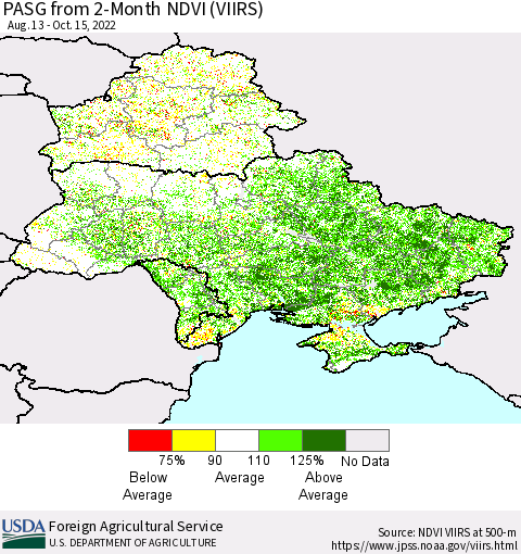 Ukraine, Moldova and Belarus PASG from 2-Month NDVI (VIIRS) Thematic Map For 10/11/2022 - 10/20/2022