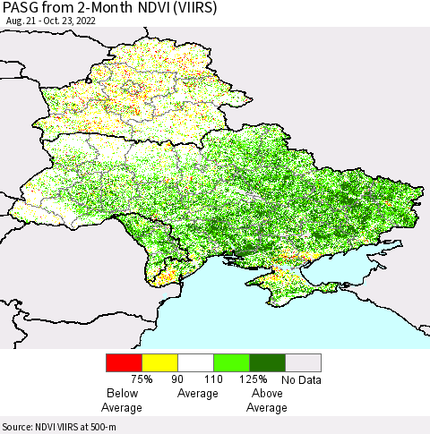 Ukraine, Moldova and Belarus PASG from 2-Month NDVI (VIIRS) Thematic Map For 10/16/2022 - 10/23/2022