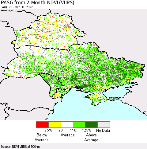 Ukraine, Moldova and Belarus PASG from 2-Month NDVI (VIIRS) Thematic Map For 10/21/2022 - 10/31/2022