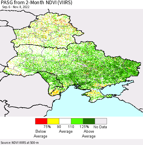 Ukraine, Moldova and Belarus PASG from 2-Month NDVI (VIIRS) Thematic Map For 11/1/2022 - 11/8/2022