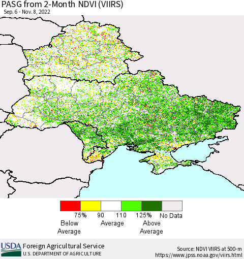 Ukraine, Moldova and Belarus PASG from 2-Month NDVI (VIIRS) Thematic Map For 11/1/2022 - 11/10/2022