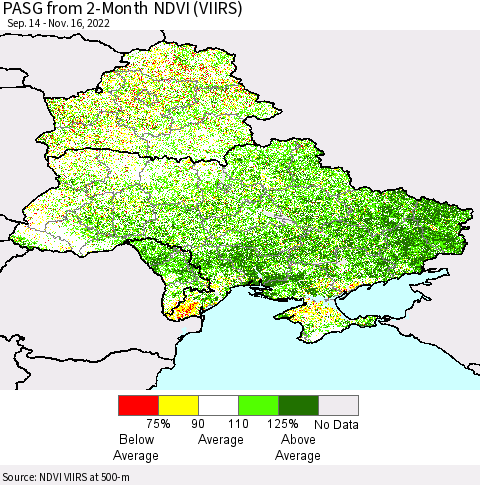 Ukraine, Moldova and Belarus PASG from 2-Month NDVI (VIIRS) Thematic Map For 11/9/2022 - 11/16/2022