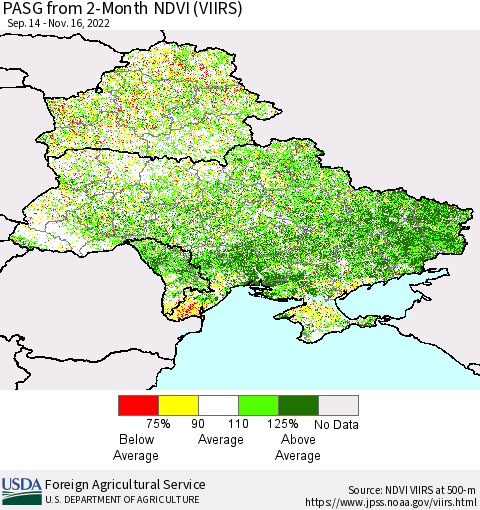 Ukraine, Moldova and Belarus PASG from 2-Month NDVI (VIIRS) Thematic Map For 11/11/2022 - 11/20/2022