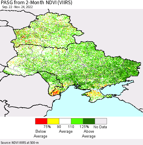 Ukraine, Moldova and Belarus PASG from 2-Month NDVI (VIIRS) Thematic Map For 11/17/2022 - 11/24/2022
