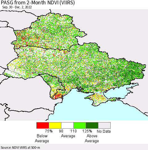 Ukraine, Moldova and Belarus PASG from 2-Month NDVI (VIIRS) Thematic Map For 11/25/2022 - 12/2/2022