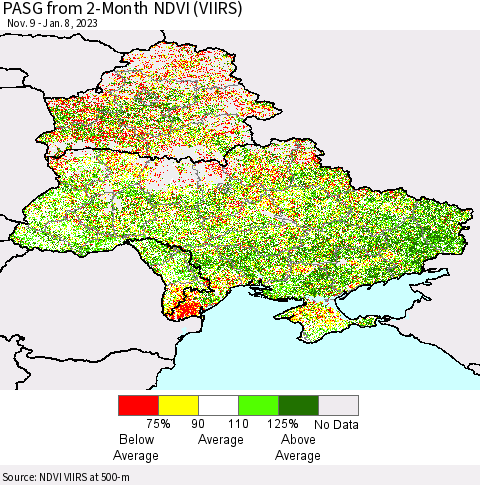 Ukraine, Moldova and Belarus PASG from 2-Month NDVI (VIIRS) Thematic Map For 1/1/2023 - 1/8/2023