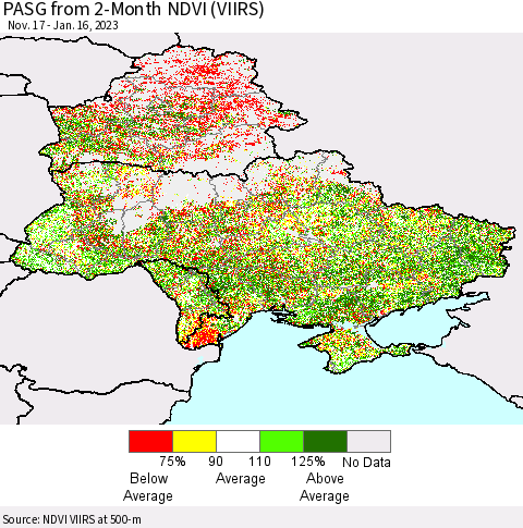 Ukraine, Moldova and Belarus PASG from 2-Month NDVI (VIIRS) Thematic Map For 1/9/2023 - 1/16/2023