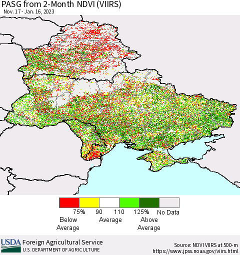 Ukraine, Moldova and Belarus PASG from 2-Month NDVI (VIIRS) Thematic Map For 1/11/2023 - 1/20/2023
