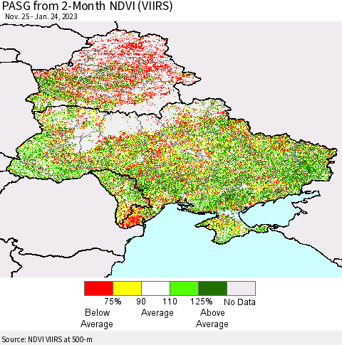 Ukraine, Moldova and Belarus PASG from 2-Month NDVI (VIIRS) Thematic Map For 1/17/2023 - 1/24/2023