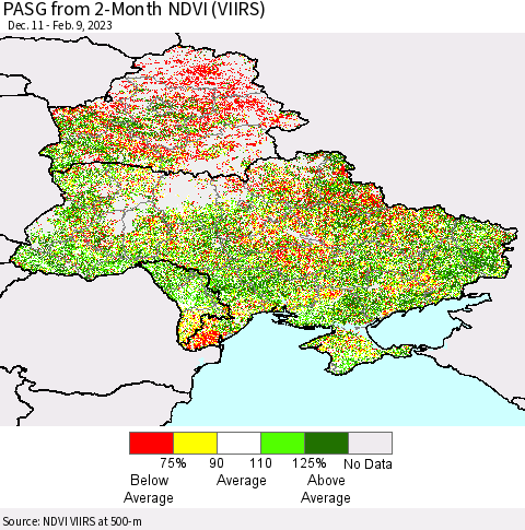 Ukraine, Moldova and Belarus PASG from 2-Month NDVI (VIIRS) Thematic Map For 2/2/2023 - 2/9/2023
