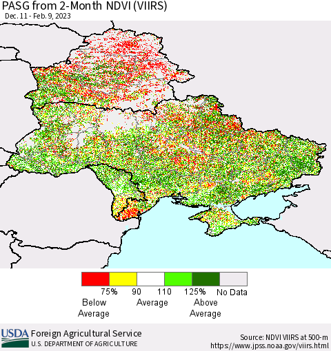 Ukraine, Moldova and Belarus PASG from 2-Month NDVI (VIIRS) Thematic Map For 2/1/2023 - 2/10/2023