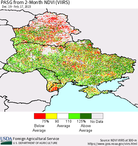Ukraine, Moldova and Belarus PASG from 2-Month NDVI (VIIRS) Thematic Map For 2/11/2023 - 2/20/2023