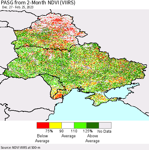 Ukraine, Moldova and Belarus PASG from 2-Month NDVI (VIIRS) Thematic Map For 2/18/2023 - 2/25/2023