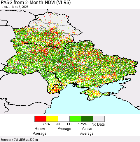 Ukraine, Moldova and Belarus PASG from 2-Month NDVI (VIIRS) Thematic Map For 2/26/2023 - 3/5/2023