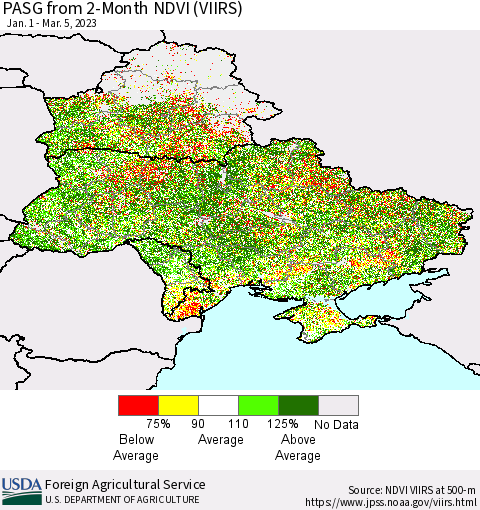 Ukraine, Moldova and Belarus PASG from 2-Month NDVI (VIIRS) Thematic Map For 3/1/2023 - 3/10/2023