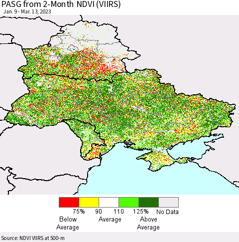 Ukraine, Moldova and Belarus PASG from 2-Month NDVI (VIIRS) Thematic Map For 3/6/2023 - 3/13/2023