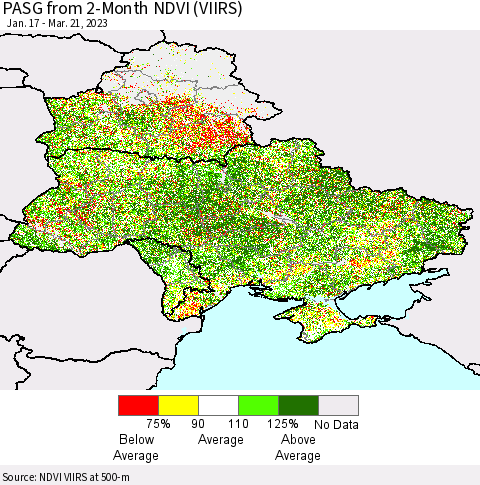 Ukraine, Moldova and Belarus PASG from 2-Month NDVI (VIIRS) Thematic Map For 3/14/2023 - 3/21/2023
