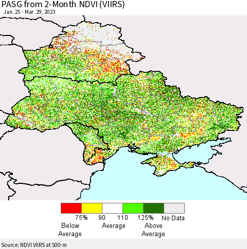 Ukraine, Moldova and Belarus PASG from 2-Month NDVI (VIIRS) Thematic Map For 3/22/2023 - 3/29/2023