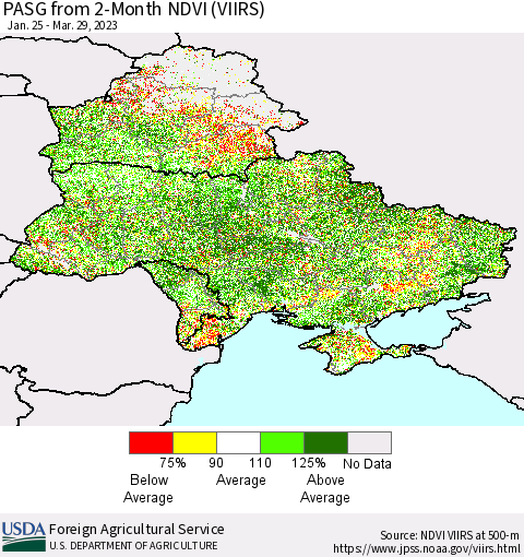 Ukraine, Moldova and Belarus PASG from 2-Month NDVI (VIIRS) Thematic Map For 3/21/2023 - 3/31/2023