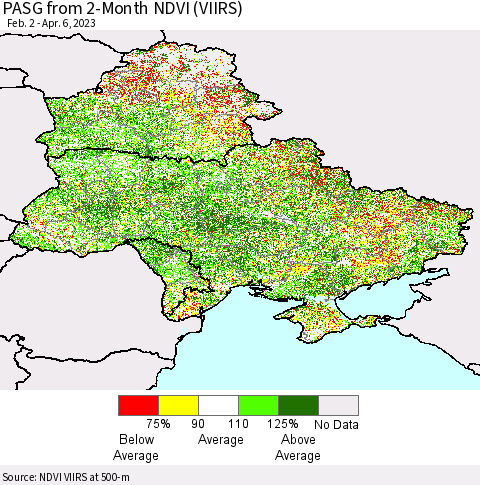 Ukraine, Moldova and Belarus PASG from 2-Month NDVI (VIIRS) Thematic Map For 3/30/2023 - 4/6/2023