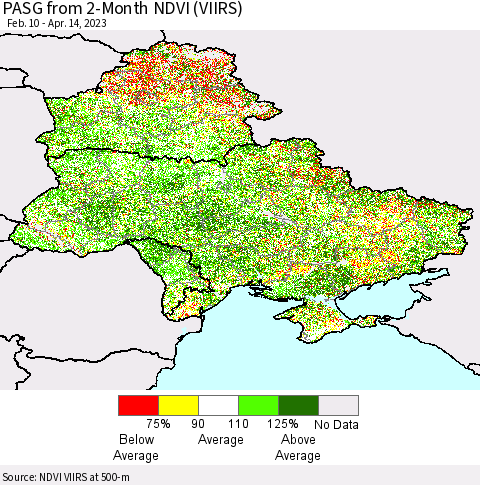 Ukraine, Moldova and Belarus PASG from 2-Month NDVI (VIIRS) Thematic Map For 4/7/2023 - 4/14/2023