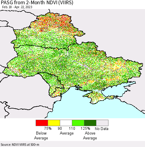 Ukraine, Moldova and Belarus PASG from 2-Month NDVI (VIIRS) Thematic Map For 4/15/2023 - 4/22/2023