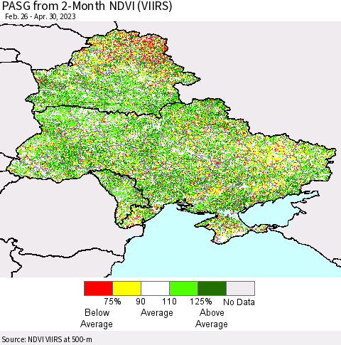 Ukraine, Moldova and Belarus PASG from 2-Month NDVI (VIIRS) Thematic Map For 4/21/2023 - 4/30/2023