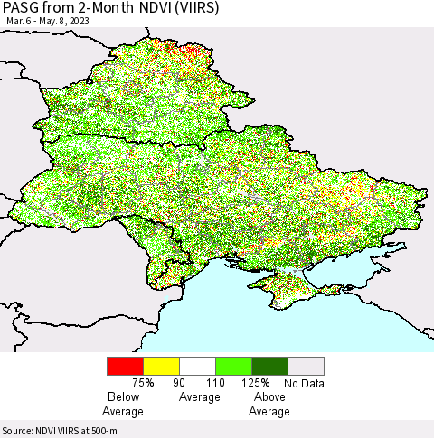 Ukraine, Moldova and Belarus PASG from 2-Month NDVI (VIIRS) Thematic Map For 5/1/2023 - 5/8/2023