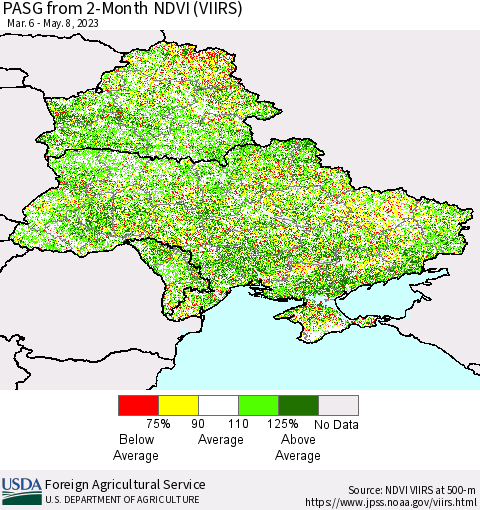 Ukraine, Moldova and Belarus PASG from 2-Month NDVI (VIIRS) Thematic Map For 5/1/2023 - 5/10/2023