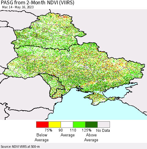 Ukraine, Moldova and Belarus PASG from 2-Month NDVI (VIIRS) Thematic Map For 5/9/2023 - 5/16/2023